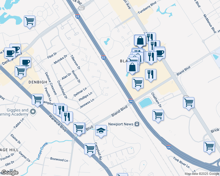 map of restaurants, bars, coffee shops, grocery stores, and more near 159 Jenness Lane in Newport News