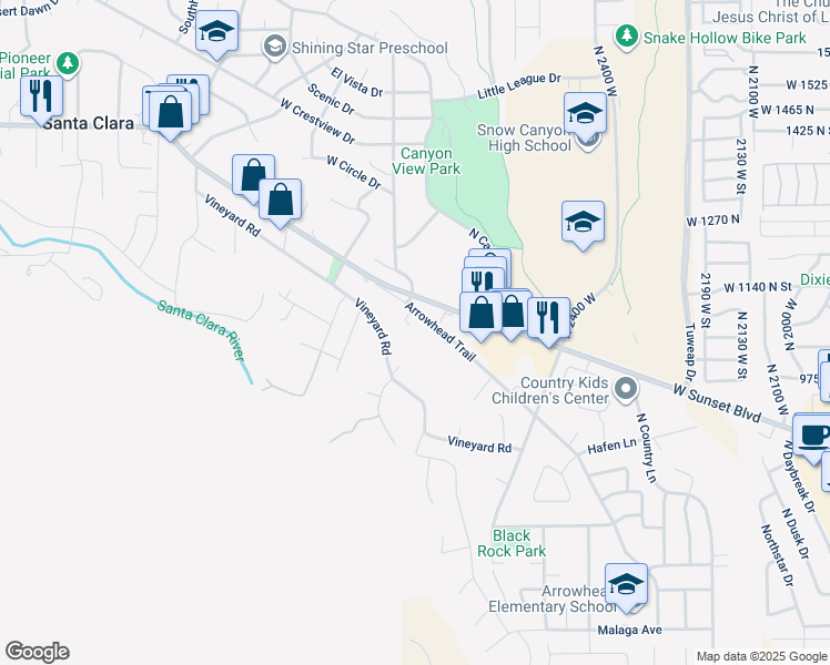 map of restaurants, bars, coffee shops, grocery stores, and more near 2447 Arrowhead Trail in Santa Clara