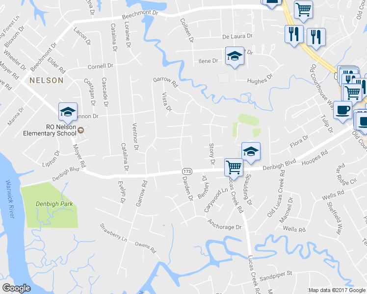 map of restaurants, bars, coffee shops, grocery stores, and more near 814 Darden Drive in Newport News