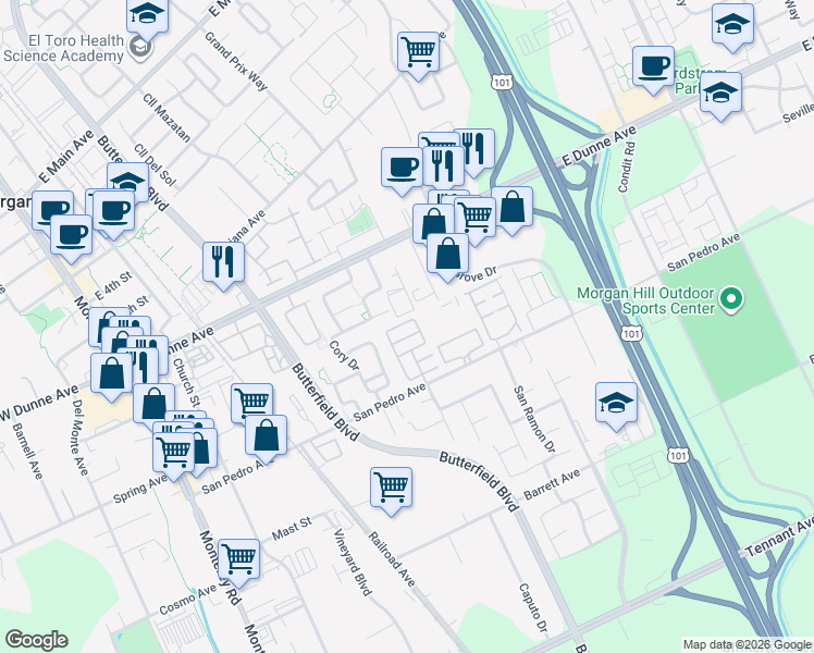 map of restaurants, bars, coffee shops, grocery stores, and more near 575 San Pedro Avenue in Morgan Hill