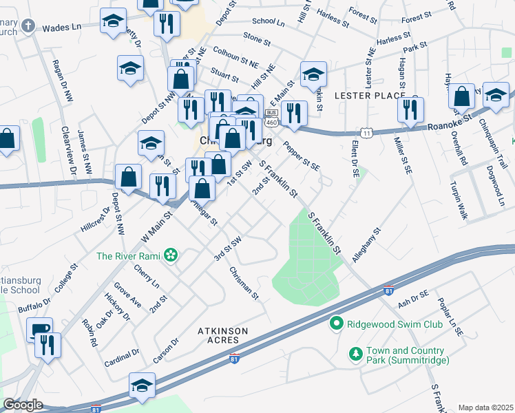 map of restaurants, bars, coffee shops, grocery stores, and more near 205 Hickok Street Southwest in Christiansburg