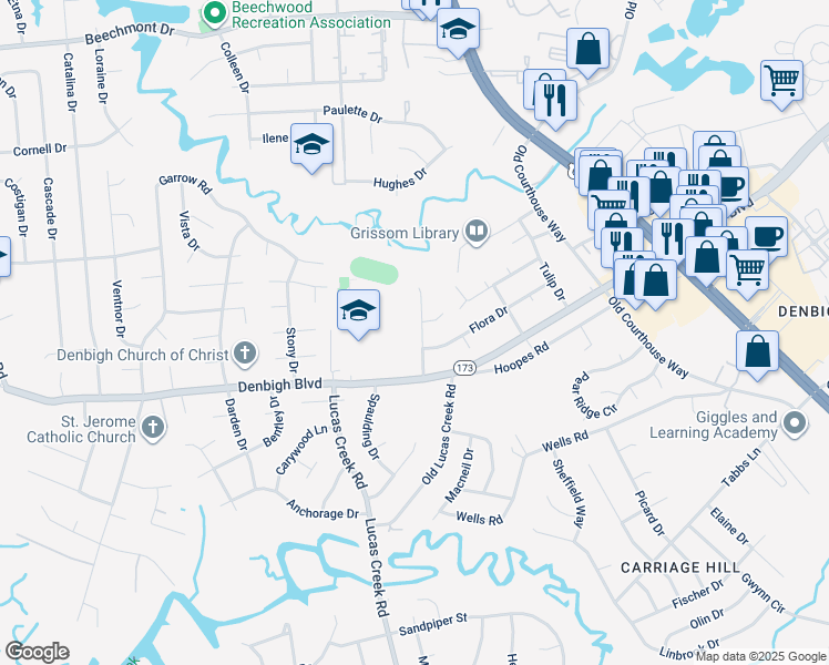 map of restaurants, bars, coffee shops, grocery stores, and more near 813 Connors Drive in Newport News