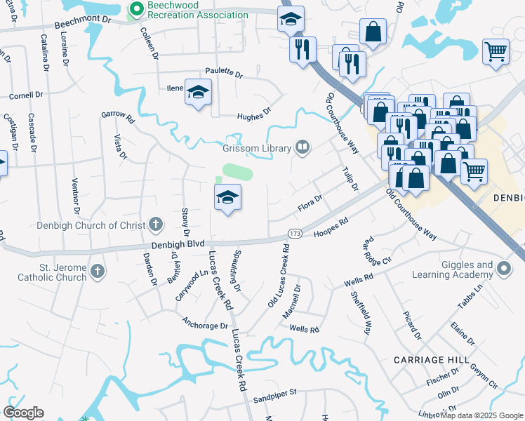 map of restaurants, bars, coffee shops, grocery stores, and more near 813 Connors Drive in Newport News