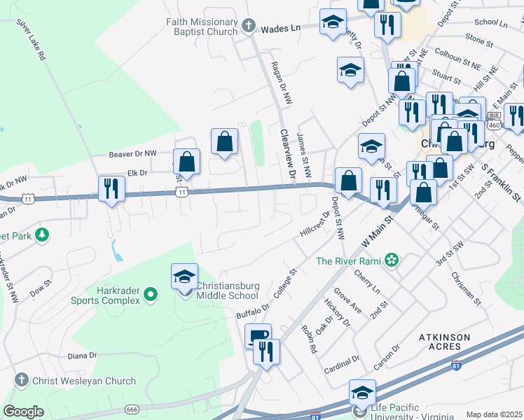 map of restaurants, bars, coffee shops, grocery stores, and more near 550 Underwood Street in Christiansburg