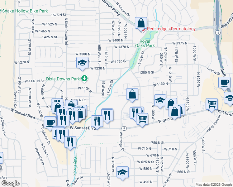 map of restaurants, bars, coffee shops, grocery stores, and more near 1061 1550 West Circle in Saint George