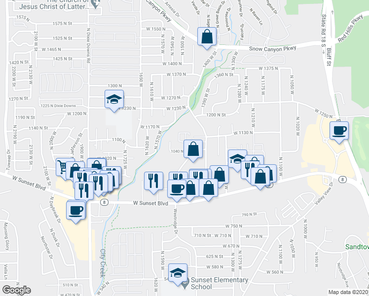 map of restaurants, bars, coffee shops, grocery stores, and more near 1518 1040 North Street in St. George