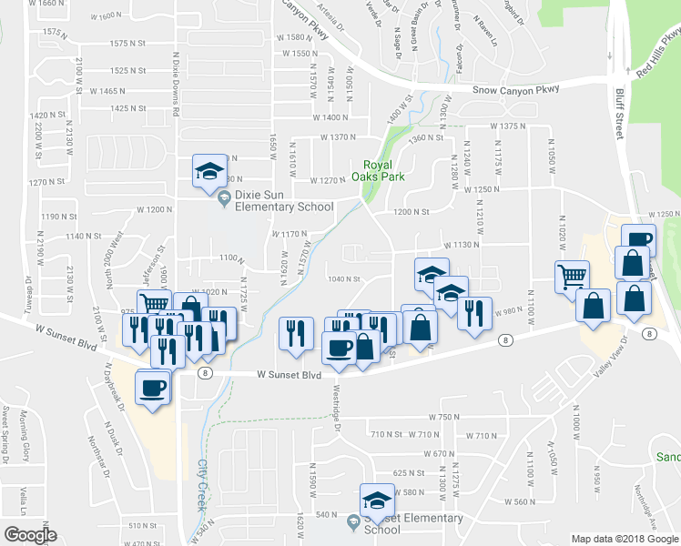 map of restaurants, bars, coffee shops, grocery stores, and more near 1518 1040 North Street in St. George