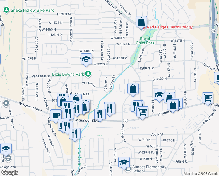 map of restaurants, bars, coffee shops, grocery stores, and more near 1043 North 1550 Street West in St. George