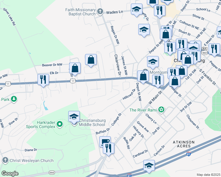 map of restaurants, bars, coffee shops, grocery stores, and more near 550 Underwood Street in Christiansburg