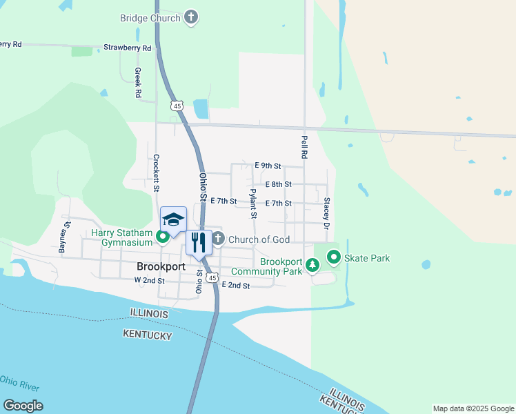map of restaurants, bars, coffee shops, grocery stores, and more near 608 Pylant Street in Brookport