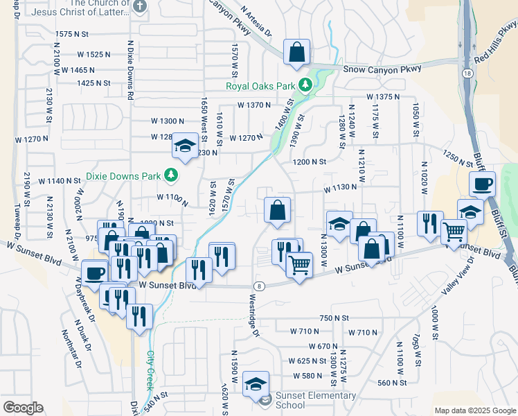 map of restaurants, bars, coffee shops, grocery stores, and more near 1518 1040 North Street in St. George