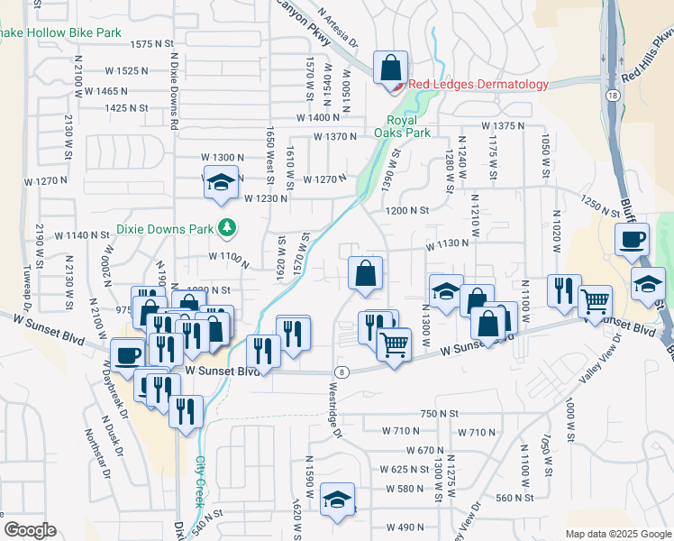 map of restaurants, bars, coffee shops, grocery stores, and more near 1530 West 1040 North in Saint George