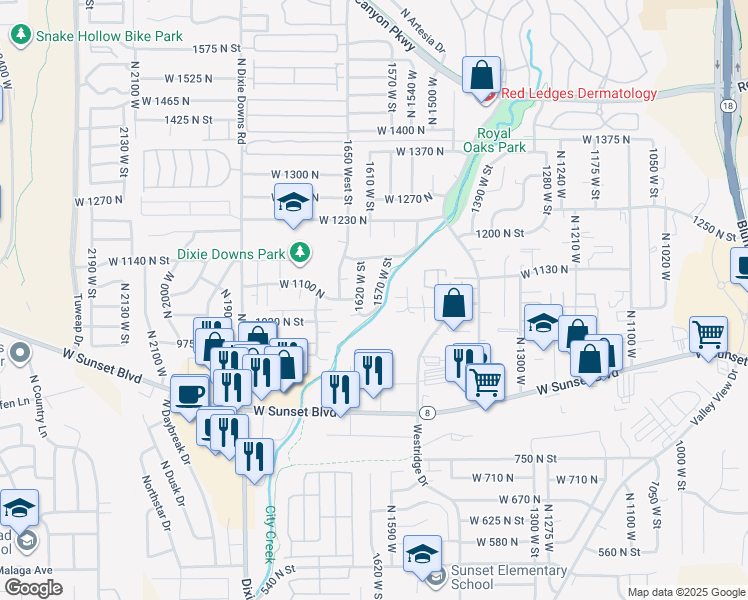 map of restaurants, bars, coffee shops, grocery stores, and more near 1097 North 1570 West in Saint George