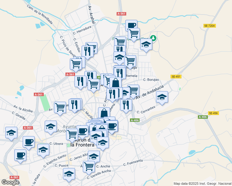 map of restaurants, bars, coffee shops, grocery stores, and more near 2 Avenida Pruna in Morón de la Frontera