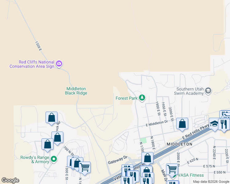 map of restaurants, bars, coffee shops, grocery stores, and more near 940 Redrock Road in St. George