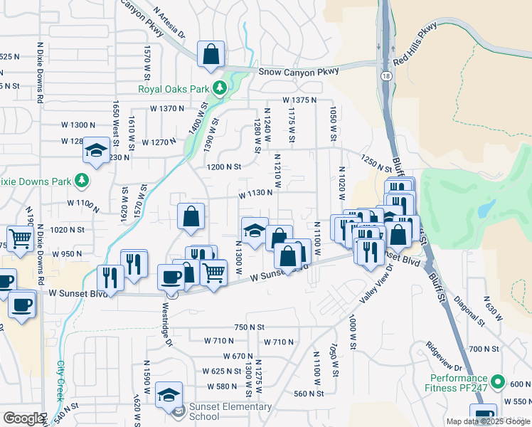 map of restaurants, bars, coffee shops, grocery stores, and more near 1040 North 1300 West in St. George