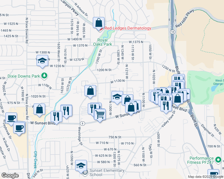 map of restaurants, bars, coffee shops, grocery stores, and more near 1040 North 1300 West in St. George