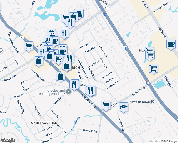 map of restaurants, bars, coffee shops, grocery stores, and more near 37 Crutchfield Drive in Newport News