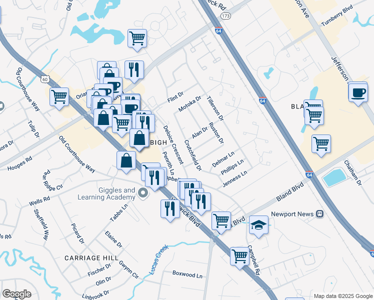 map of restaurants, bars, coffee shops, grocery stores, and more near 37 Crutchfield Drive in Newport News