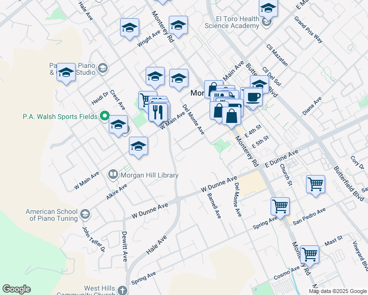map of restaurants, bars, coffee shops, grocery stores, and more near 195 Nob Hill Terrace in Morgan Hill