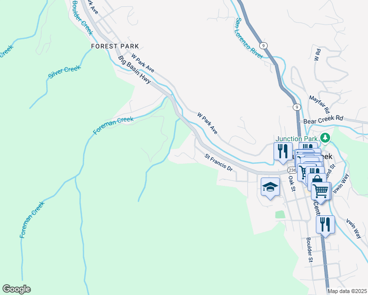 map of restaurants, bars, coffee shops, grocery stores, and more near 280 Paone Drive in Boulder Creek
