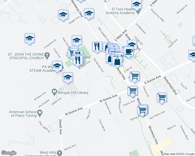 map of restaurants, bars, coffee shops, grocery stores, and more near 130 Nob Hill Terrace in Morgan Hill