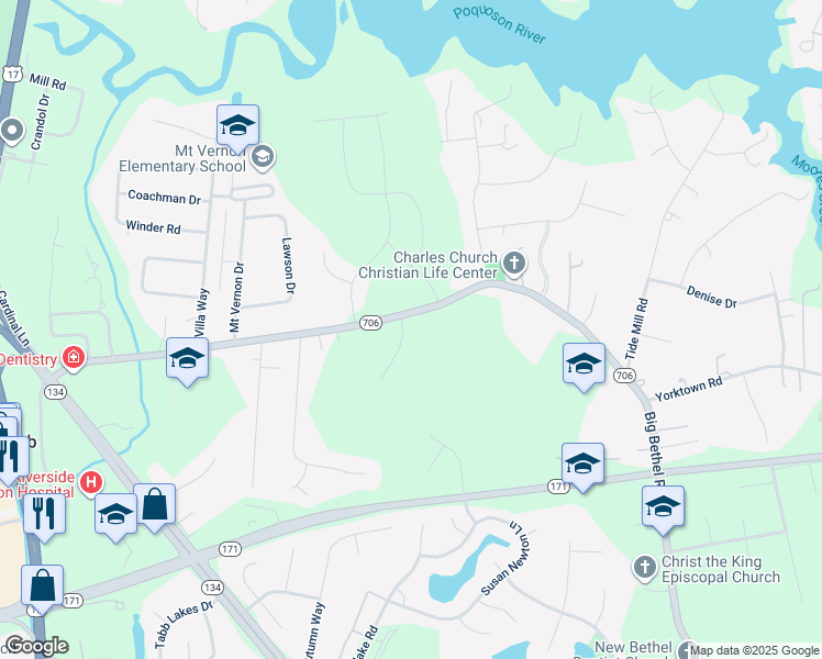 map of restaurants, bars, coffee shops, grocery stores, and more near 103 Collington Run in Yorktown