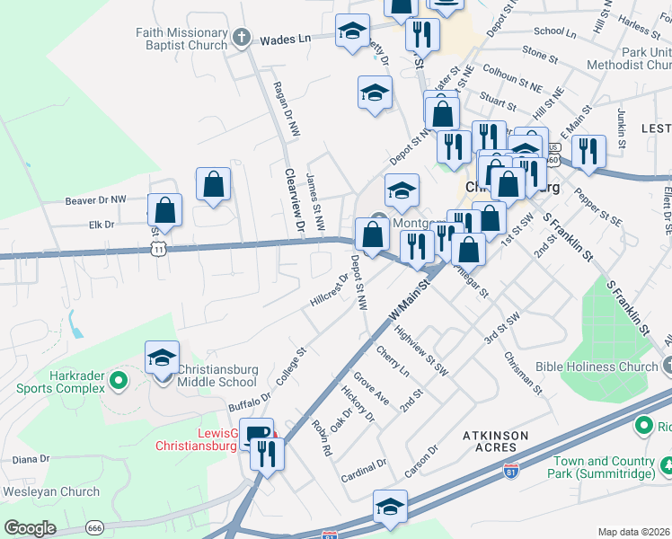 map of restaurants, bars, coffee shops, grocery stores, and more near 23 Lee Hy Court in Christiansburg