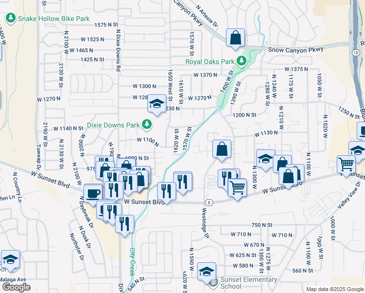 map of restaurants, bars, coffee shops, grocery stores, and more near 1043 North 1550 Street West in St. George