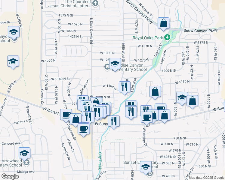 map of restaurants, bars, coffee shops, grocery stores, and more near 1077 North 1725 West in St. George