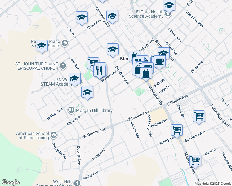 map of restaurants, bars, coffee shops, grocery stores, and more near 130 Nob Hill Terrace in Morgan Hill