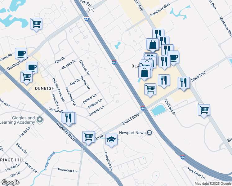 map of restaurants, bars, coffee shops, grocery stores, and more near 159 Jenness Lane in Newport News