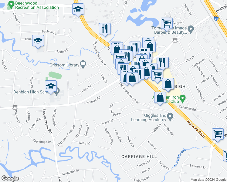 map of restaurants, bars, coffee shops, grocery stores, and more near 57 Carmella Circle in Newport News