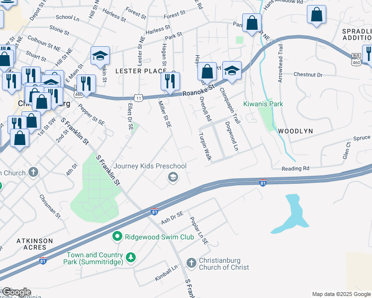 map of restaurants, bars, coffee shops, grocery stores, and more near in Christiansburg