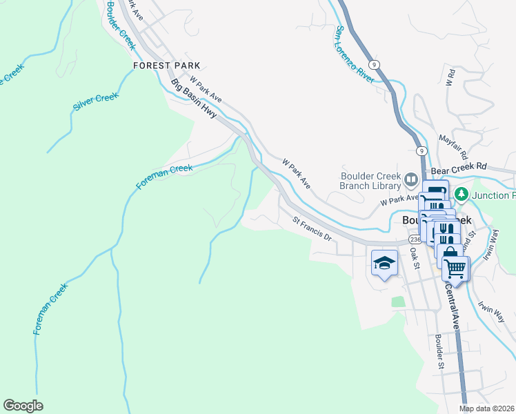 map of restaurants, bars, coffee shops, grocery stores, and more near 280 Paone Drive in Boulder Creek