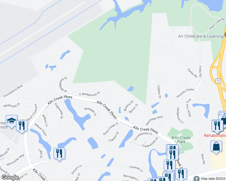 map of restaurants, bars, coffee shops, grocery stores, and more near 304 Hollingsworth Court in Yorktown