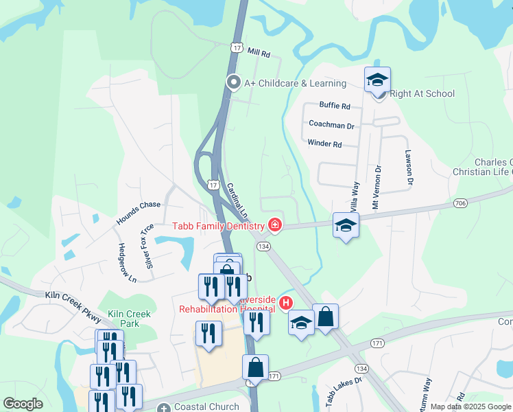 map of restaurants, bars, coffee shops, grocery stores, and more near 115 Yorkshire Drive in Yorktown
