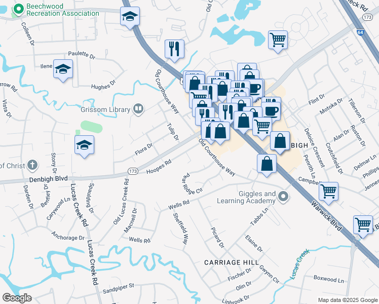 map of restaurants, bars, coffee shops, grocery stores, and more near 57 Carmella Circle in Newport News