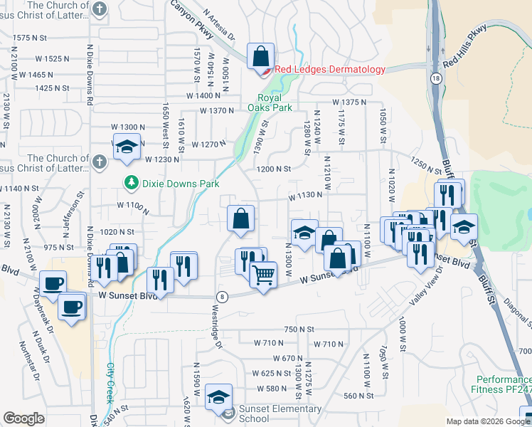 map of restaurants, bars, coffee shops, grocery stores, and more near 1066 1400 West Street in St. George