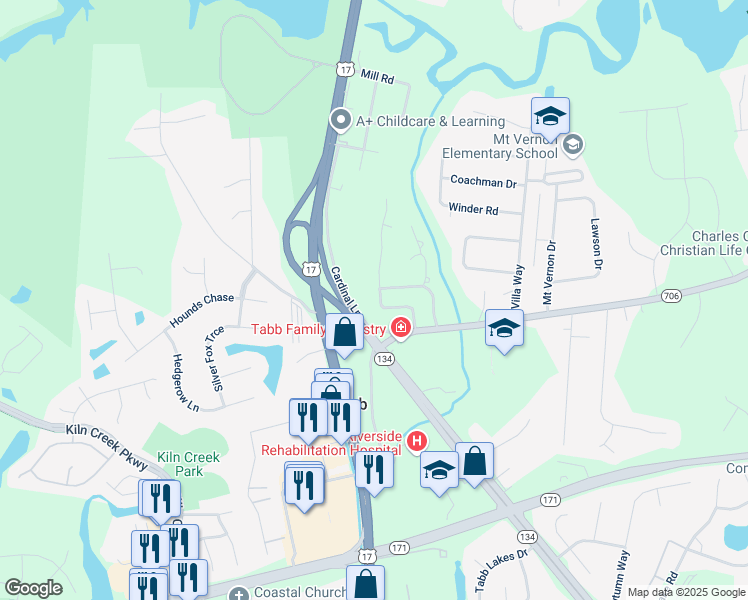 map of restaurants, bars, coffee shops, grocery stores, and more near 115 Yorkshire Drive in Yorktown