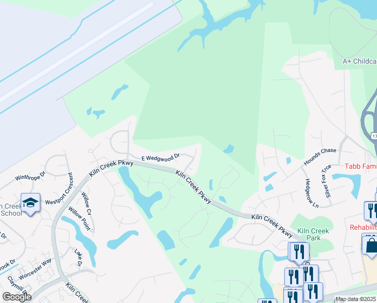 map of restaurants, bars, coffee shops, grocery stores, and more near 211 East Wedgwood Drive in Yorktown