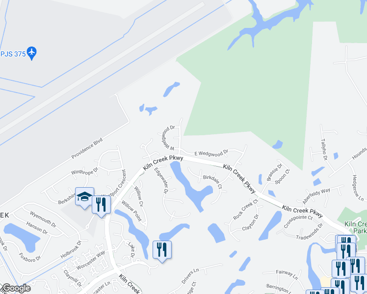map of restaurants, bars, coffee shops, grocery stores, and more near 101 East Wedgwood Drive in Yorktown