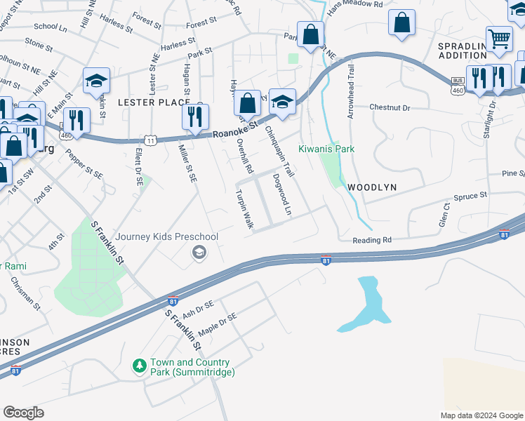 map of restaurants, bars, coffee shops, grocery stores, and more near 425 Overhill Road in Christiansburg