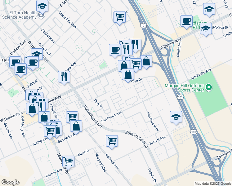 map of restaurants, bars, coffee shops, grocery stores, and more near 575 San Pedro Avenue in Morgan Hill