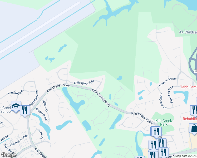 map of restaurants, bars, coffee shops, grocery stores, and more near 211 East Wedgwood Drive in Yorktown