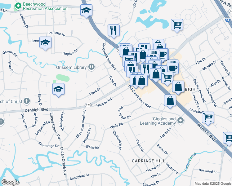 map of restaurants, bars, coffee shops, grocery stores, and more near 57 Carmella Circle in Newport News