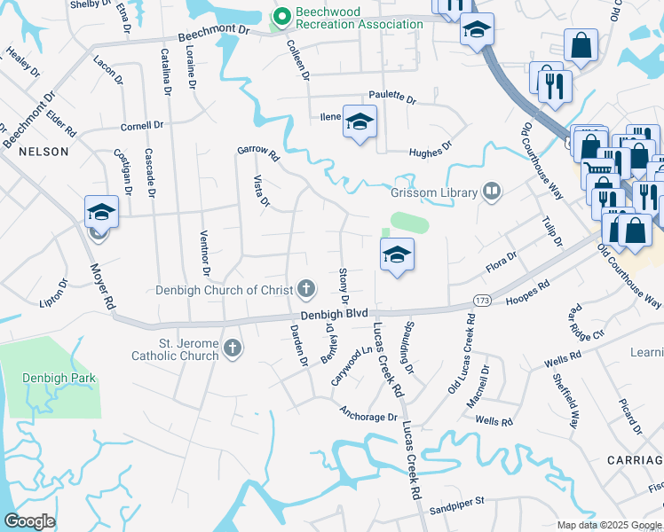map of restaurants, bars, coffee shops, grocery stores, and more near 136 Gingerwood Court in Newport News