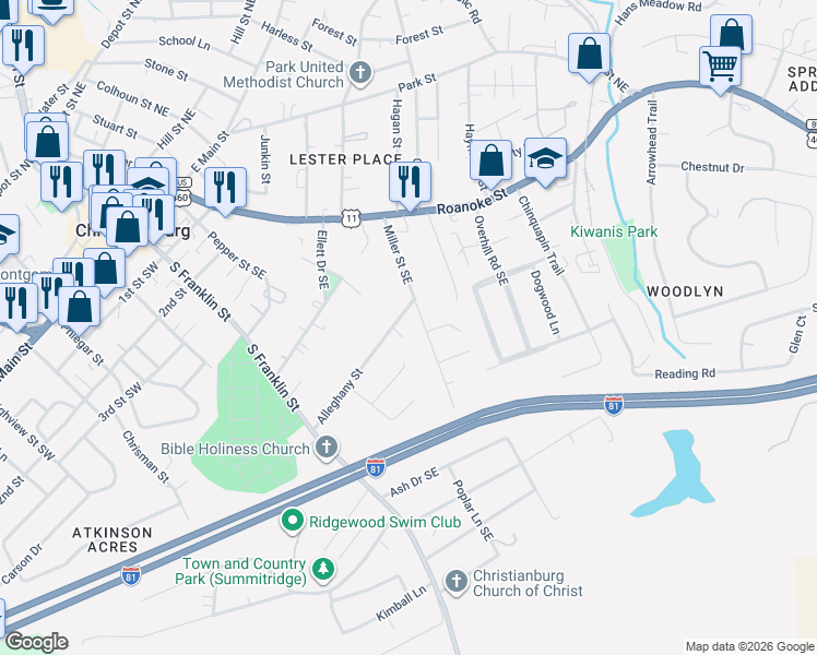 map of restaurants, bars, coffee shops, grocery stores, and more near 205 Alleghany Street in Christiansburg