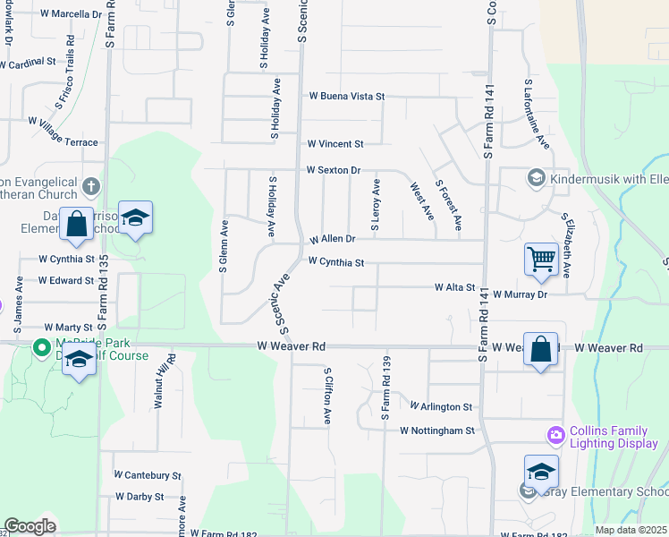map of restaurants, bars, coffee shops, grocery stores, and more near 2620 West Cynthia Street in Springfield