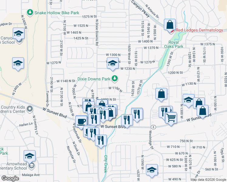 map of restaurants, bars, coffee shops, grocery stores, and more near 1767 1100 North in Saint George